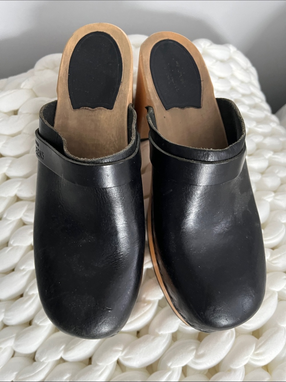 Swedish Hasbeens Black Leather Clogs